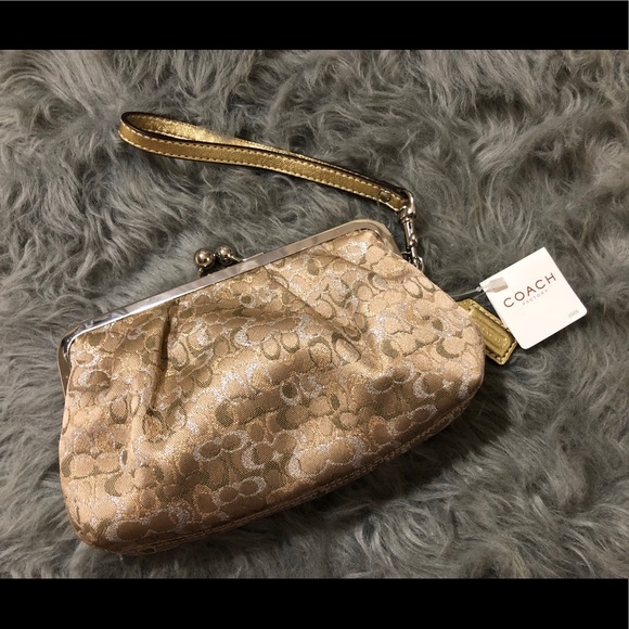 NWT Coach Signature Logo Gold Clasp Wristlet
